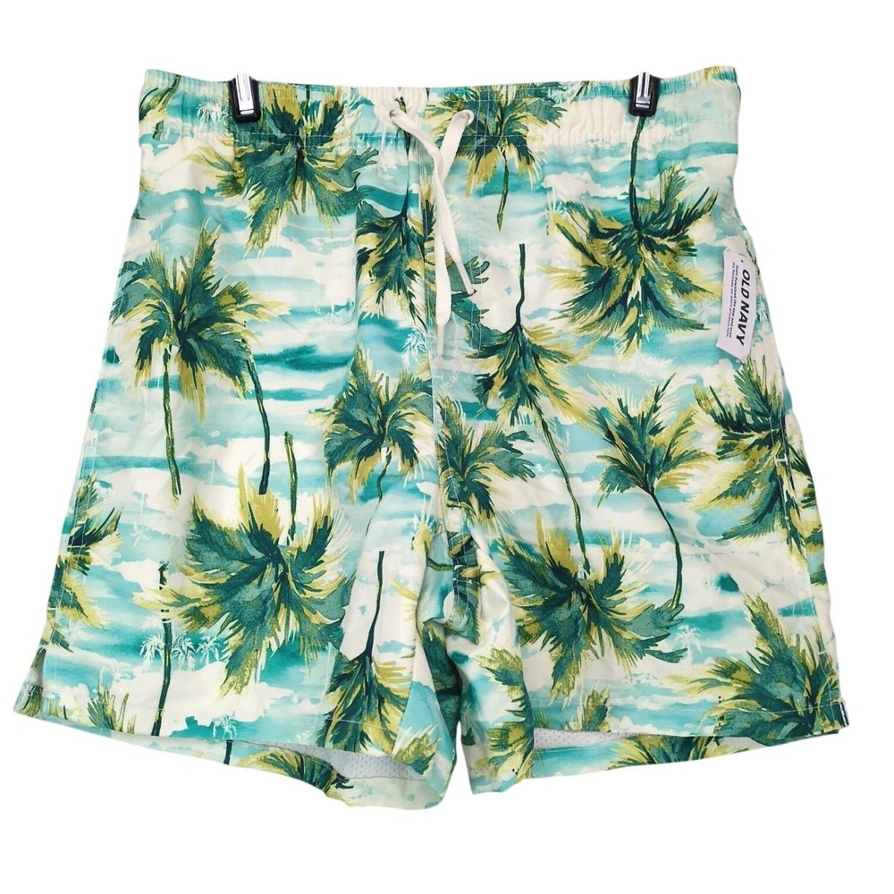 NWT Old Navy Ivory Tropical Palm Swim Trunks Mens XS Mesh Lined Tropical Beach